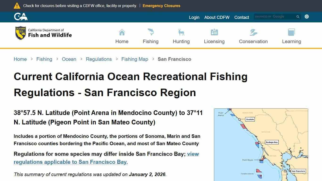 Current California Ocean Recreational Fishing Regulations - San Francisco Region